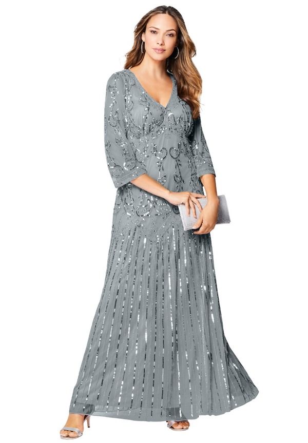ロアマンズ レディース トップス ワンピース Vネック プラスサイズ マキシ Roamans Plusize Beaded VNeck 34 Sleeve Maxi Gown Plus Regular