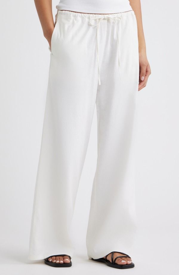 オープンエディット レディース ボトムス カジュアルパンツ ワイドレッグ リネン Open Edit Linen Blend Wide Leg Pants WHITE ホワイト