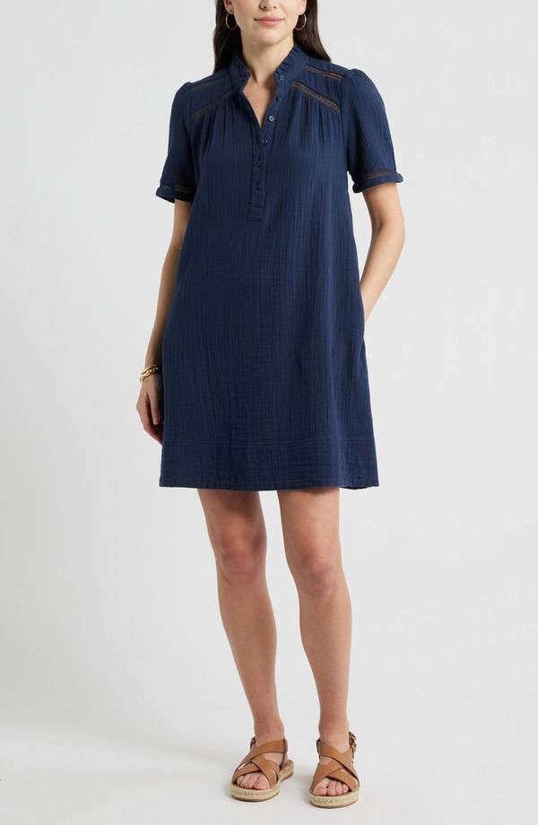 キャスロン レディース ボトムス カジュアルパンツ フリル コットン 刺繍 Caslon Rufflembroide red Inset Cotton Shift Dress NAVY STILL ネ