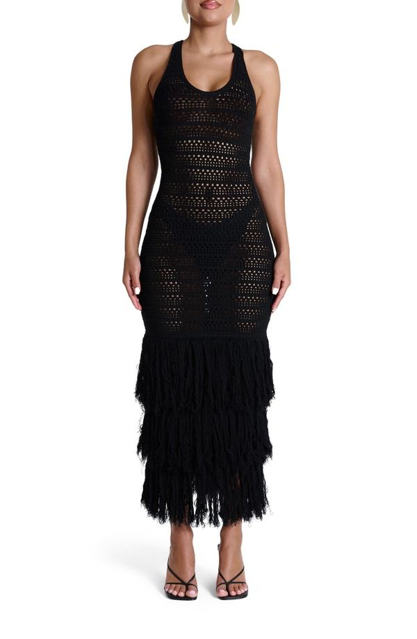 ネイキッドワードローブ レディース トップス ワンピース ミディ フリンジ Naked Wardrobe Open Stitch Fringe Midi Dress BLACK ブラック