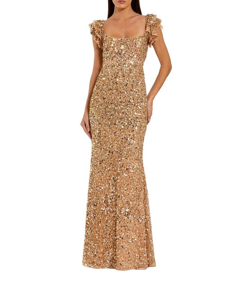 マックダガル レディース トップス ワンピース フリル メッシュ スパンコール Mac Duggal Sequin Mesh Ruffle Sleeve Trumpet Eveningown Gold 81,840円