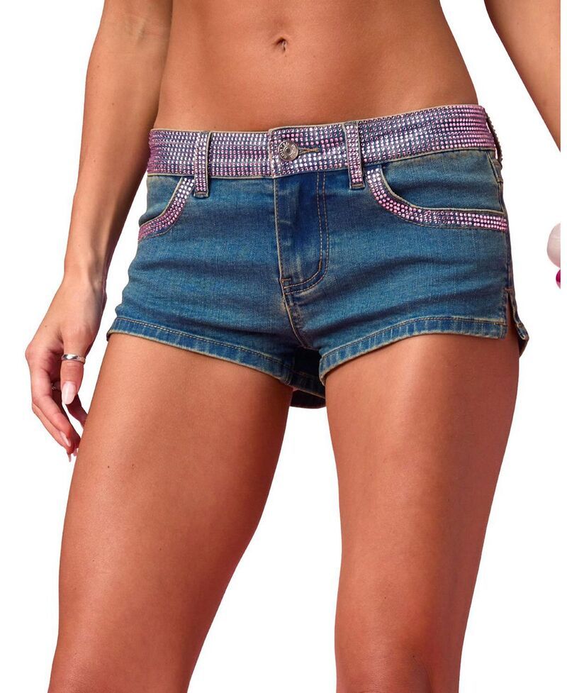 アディクテッド レディース ボトムス ハーフパンツ・ショーツ ローライズ ショートパンツ デニム Edikted Barbie Rhinestone Low Rise Denim Shorts Blu