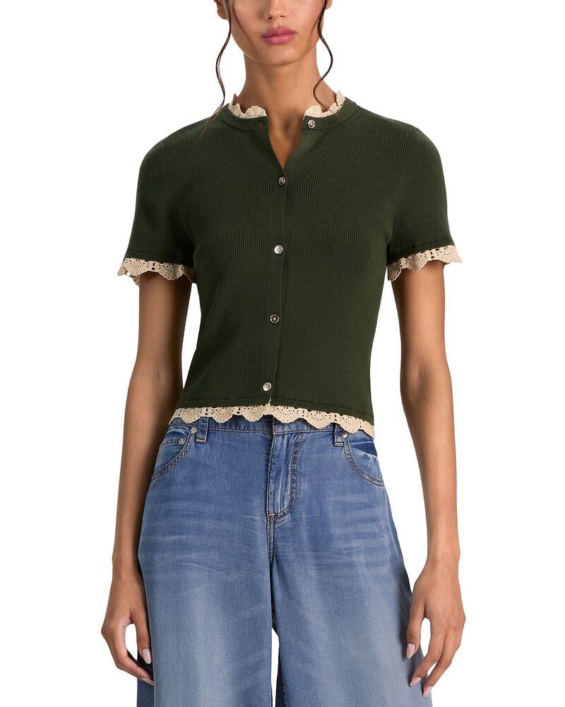 アリスアンドオリビア レディース アウター カーディガン Alice and Olivia Ciara Short Sleeve Cardigan with Trim Dark FernNatural