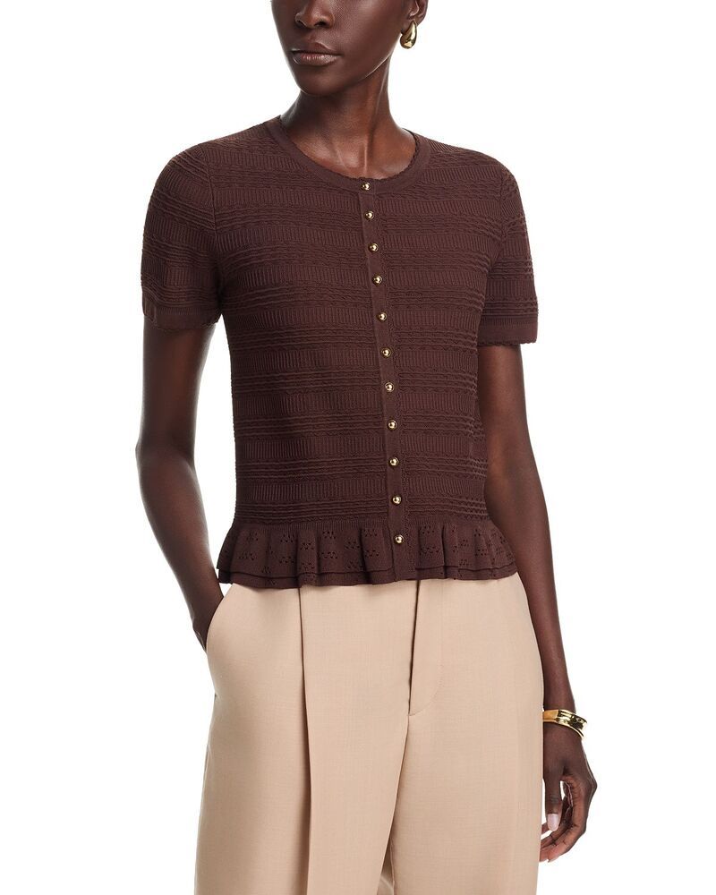 ティー・タハリ レディース アウター カーディガン フリル裾 フリル セーター Tahari Ruffle Hem Cardigan Sweater Cocoa Bean ココア 19,860円