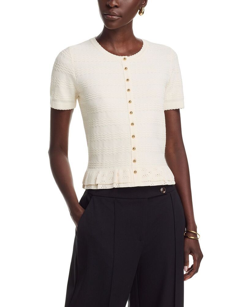 ティー・タハリ レディース アウター カーディガン フリル裾 フリル セーター Tahari Ruffle Hem Cardigan Sweater Cream クリーム