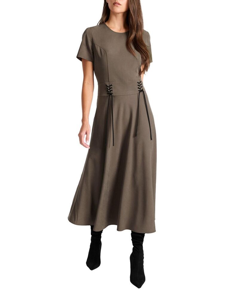 サントレッリ レディース トップス ワンピース レザー Santorelli Octavia Short Sleeve Dress with Leather Lacing Detail SAHARA