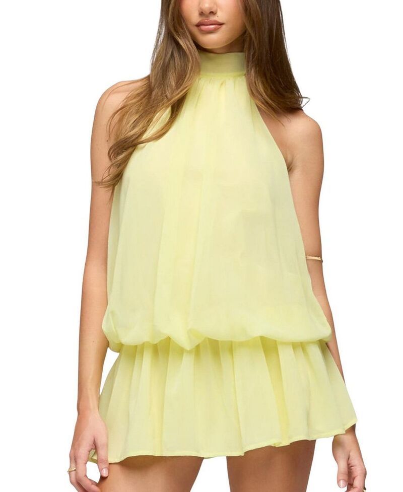 アディクテッド レディース トップス ワンピース シフォン ハイネック ミニ Edikted Kortney Chiffon High Neck Mini Dress Yellow イエロー