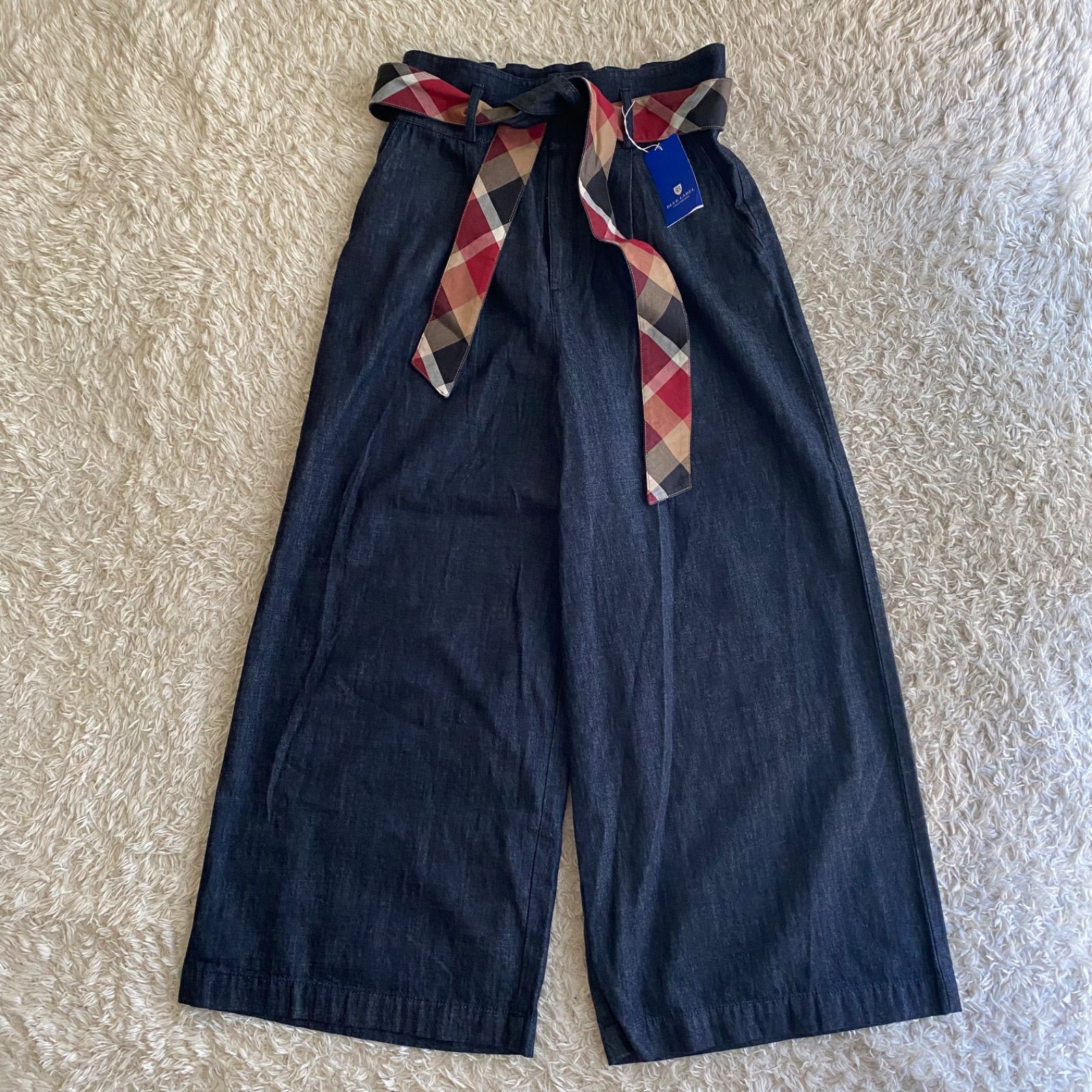 新品！BLUE LABEL CRESTBRIDGE ブルーレーベル クレストブリッジ　ワイドパンツ　ベルト付き　チェック　デニム　インディゴ　サイズ38