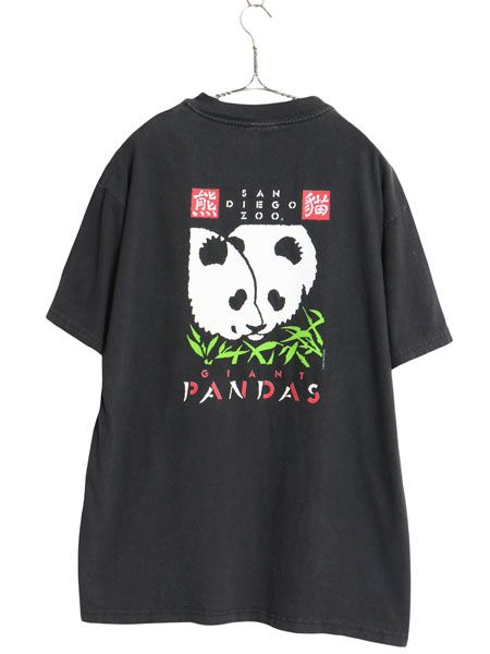 90s パンダ 両面 イラスト プリント 半袖 Tシャツ メンズ L 古着 オールド アニマル アート グラフィック キャラクター ヘビーウェイト 黒