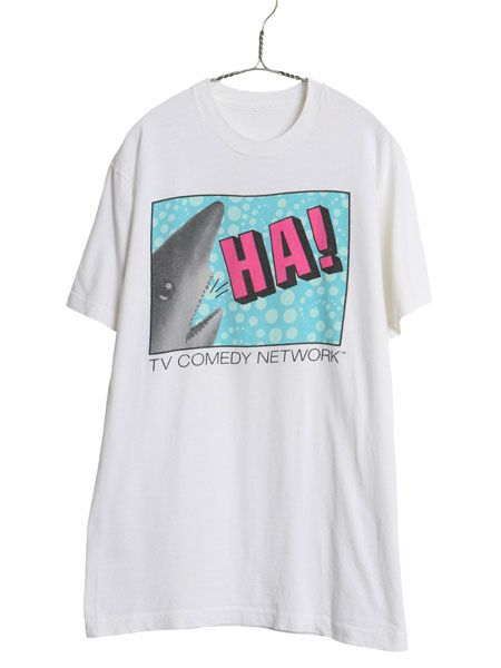 90s 企業 イラスト プリント Tシャツ メンズ L 程 オールド 当時物 シャーク サメ グラフィック キャラクター コメディ ヘビーウェイト 白