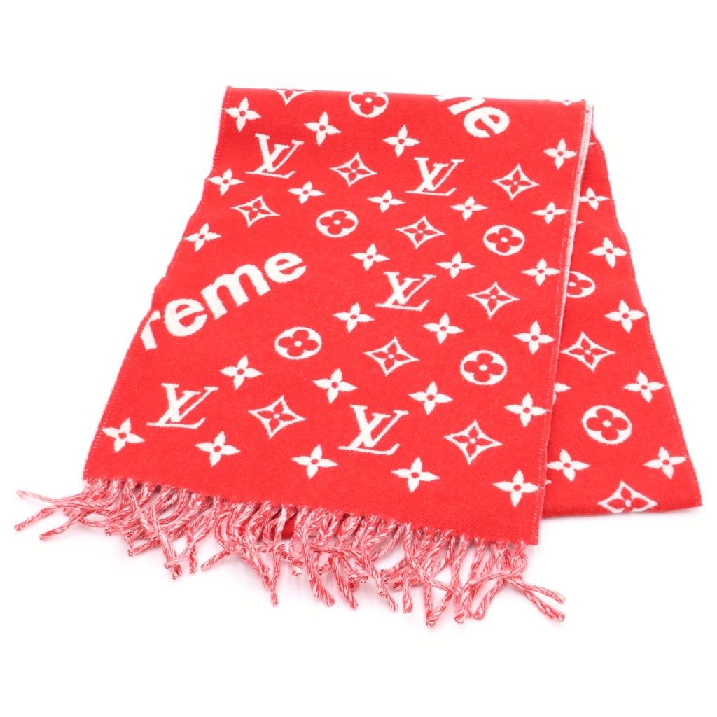 LOUIS VUITTON (ルイヴィトン) 17AW ×Supreme Monogram Scarf カシミヤ混 モノグラム 総柄 フリンジ マフラー ストール ショール スカーフ レッド MP1890