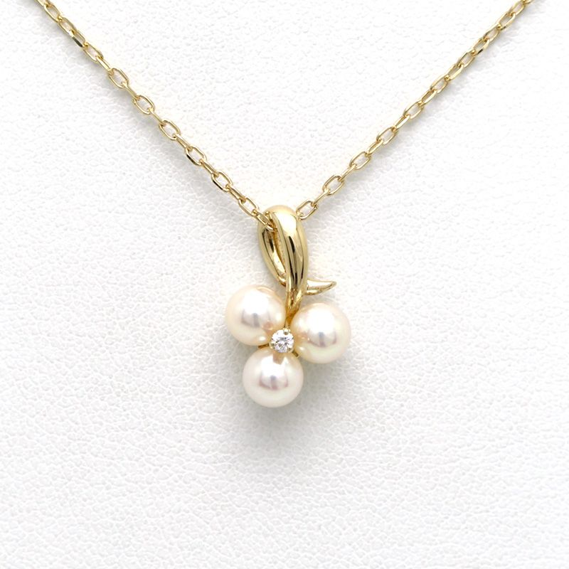 【楠本質店/元住吉】ミキモト/MIKIMOTO　K18YG　3Pパール&ダイヤモンド ネックレス　パール4.7mm/ダイヤ石目不明　40cm【中古】