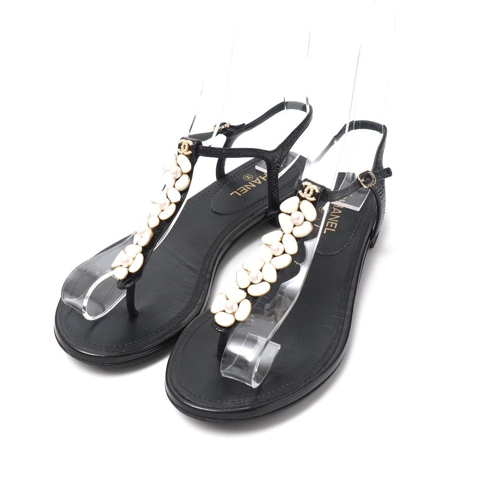 CHANEL シャネル サンダル サイズ35C トングサンダル アンクルストラップ 靴 CC ココマーク イミテーションパール イタリア製 ブランド古着【中古】20250718/RA5537