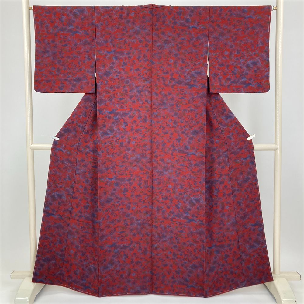 たんす屋 TANSU-YA 着物 リユース着物 小紋 濃赤 カジュアル 型染 袷 絹 洗い済 【身丈】158.5cm【裄丈】67cm 7650004326359
