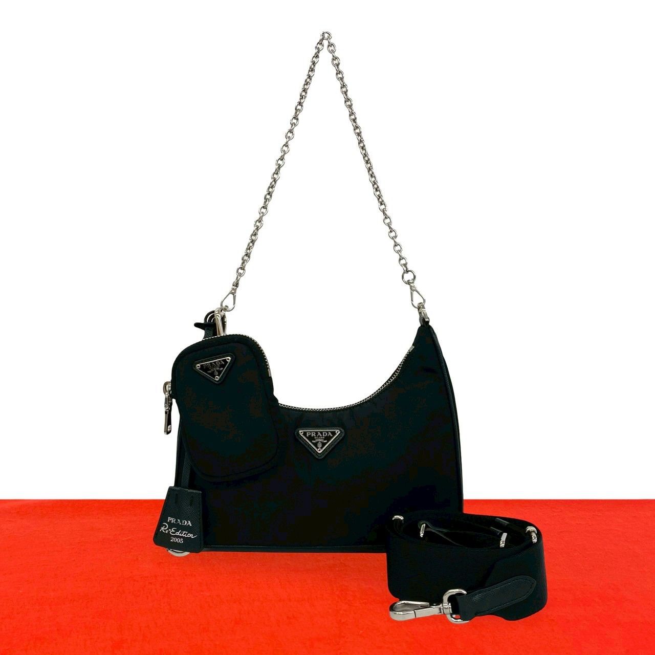 極 美品 PRADA プラダ リエディション 三角ロゴ 金具 ナイロン レザー