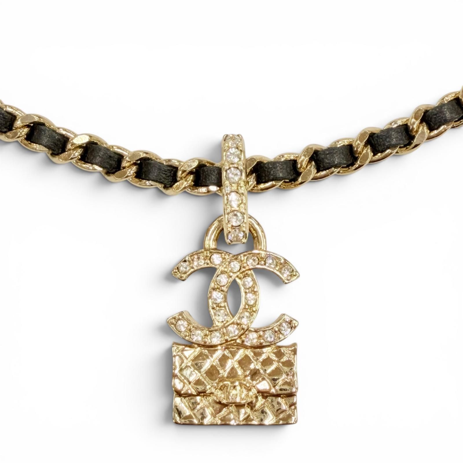 極美品◇CHANEL シャネル A23B ABB548 ラインストーン ココマーク マトラッセバッグモチーフ チェーン ネックレス ゴールド ブラック 仏製