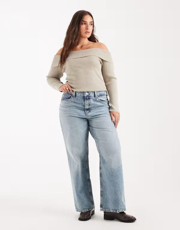 エイソス レディース ボトムス デニムパンツ ワイドレッグ ヴィンテージ ジーンズ ASOS Curve ASOS DESIGN Curve wide leg dad jeans in light v