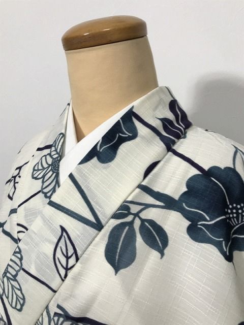 新品 Lサイズ 紬 化繊 白緑地に枝花模様 夏着物