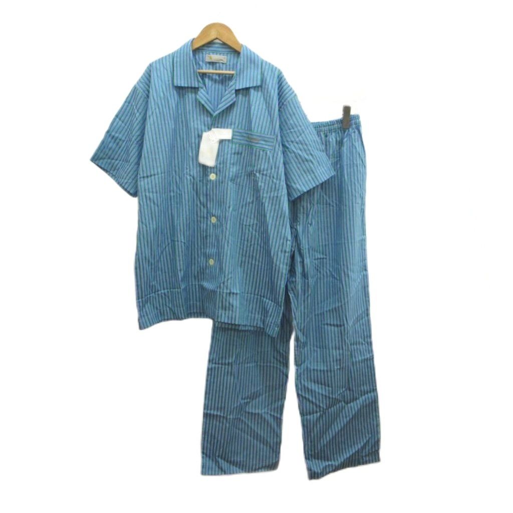アクアスキュータム AQUASCUTUM パジャマ ルームウェア 上下2点セット L ブルー グリーン ストライプ柄 半袖 開襟 ウエストゴム /NP ■GY53 7,120円
