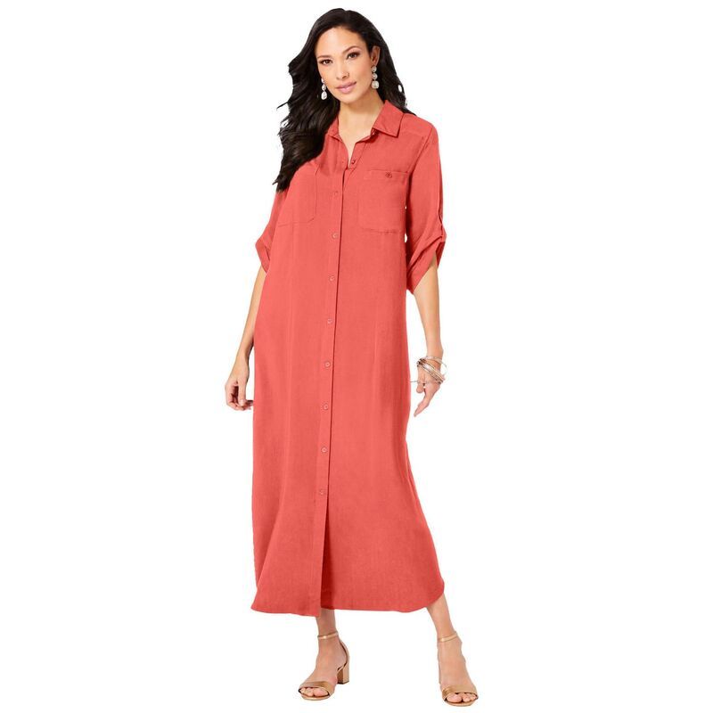 ロアマンズ レディース トップス ワンピース プラスサイズ Roamans Womens Plusize Collared Button Front Dressunset Coral コーラル