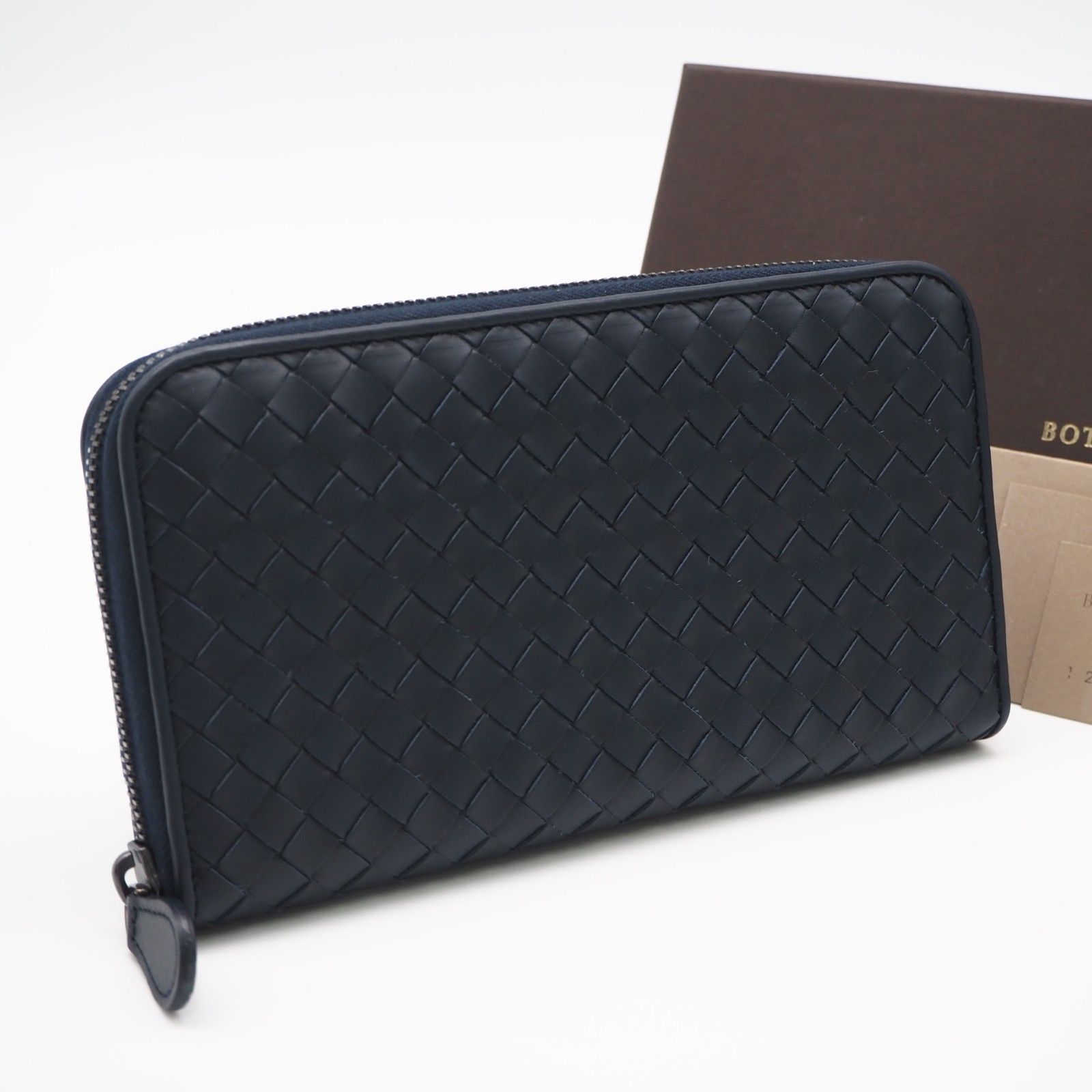 ★3日以内返品可★ 極美品 BOTTEGAVENETA ボッテガヴェネタ イントレチャート ラウンドファスナー長財布 114076 長財布 ネイビー カーフレザー メンズ