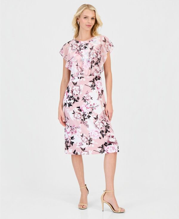 コネクテッド レディース トップス ワンピース フラワー柄 プリント ミディ フラワー Connected Womens FloralPrint FlutterSleeve Midi Dress Dm