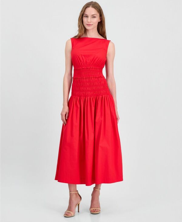 アンクライン レディース トップス ワンピース ミディ シャーリング Anne Klein Womens JewelNeck Smocked Midi Dress Begonia Red レッド