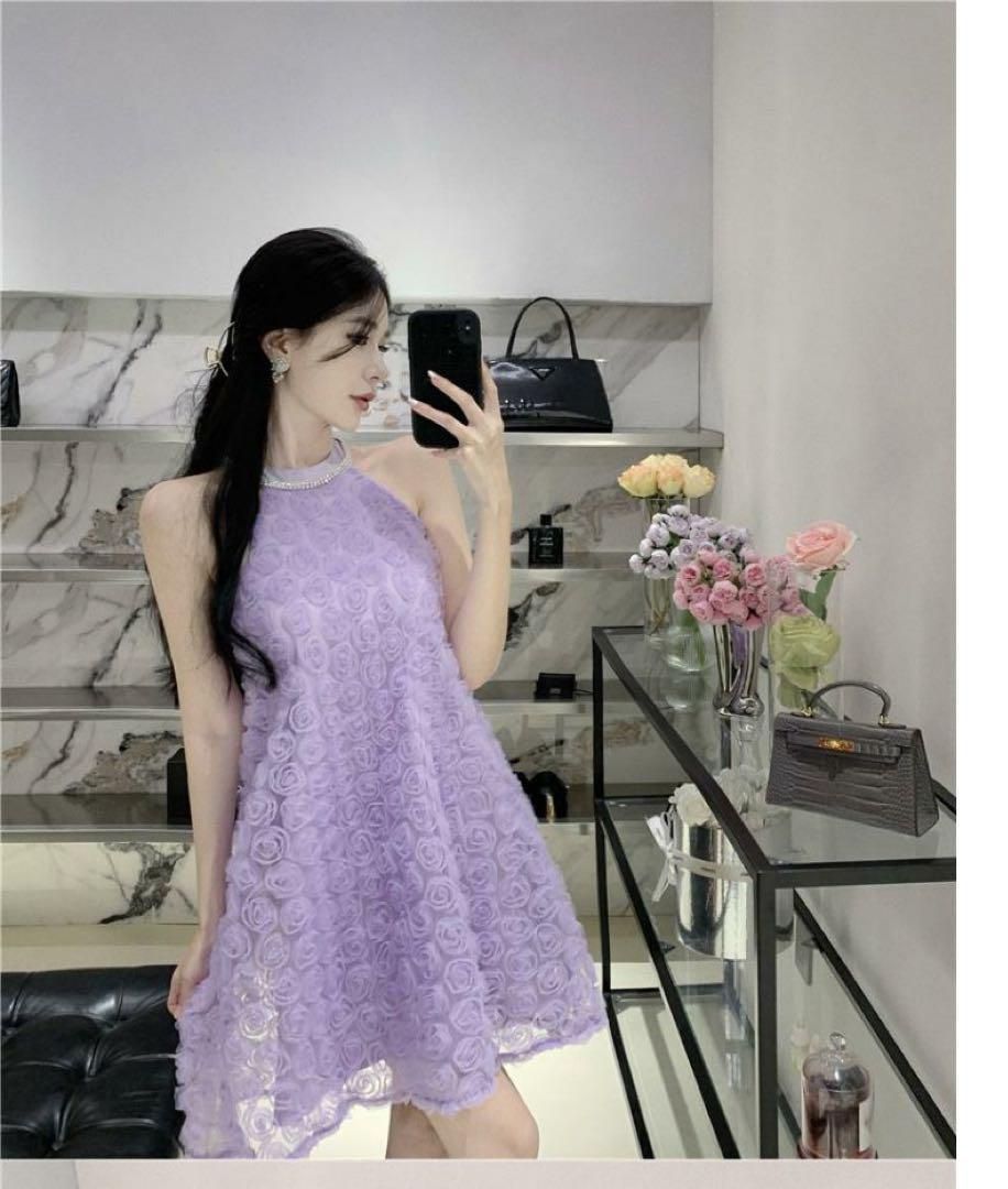 人気 ミニドレス ホルターネック花柄 結婚式 パーティー 立体的な花柄が可愛い lf709