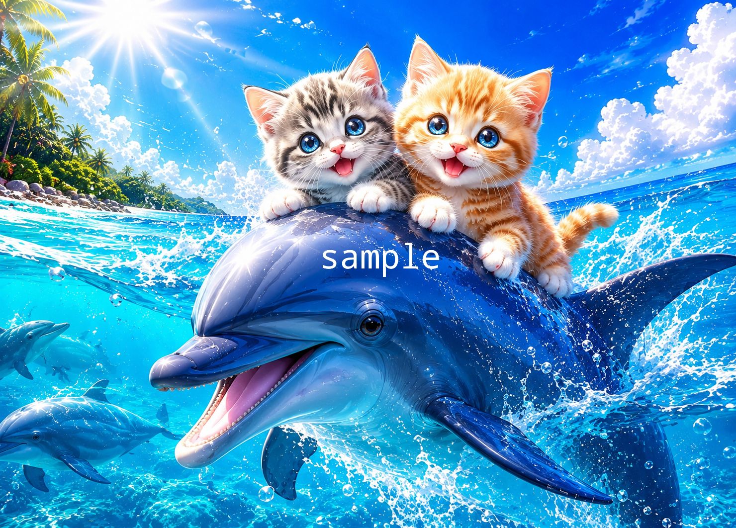 イルカに乗って大冒険～笑顔の子猫カップル ヒーリングアート