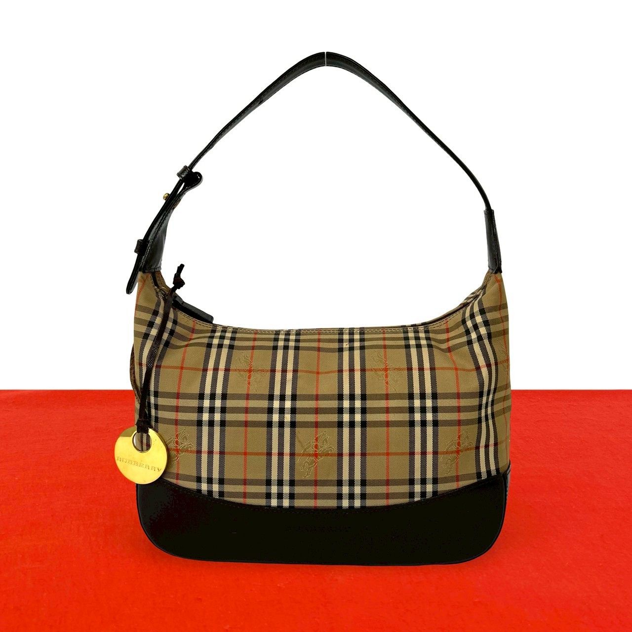 極 美品 BURBERRY バーバリー ロゴ ノバチェック 柄 キャンバス レザー