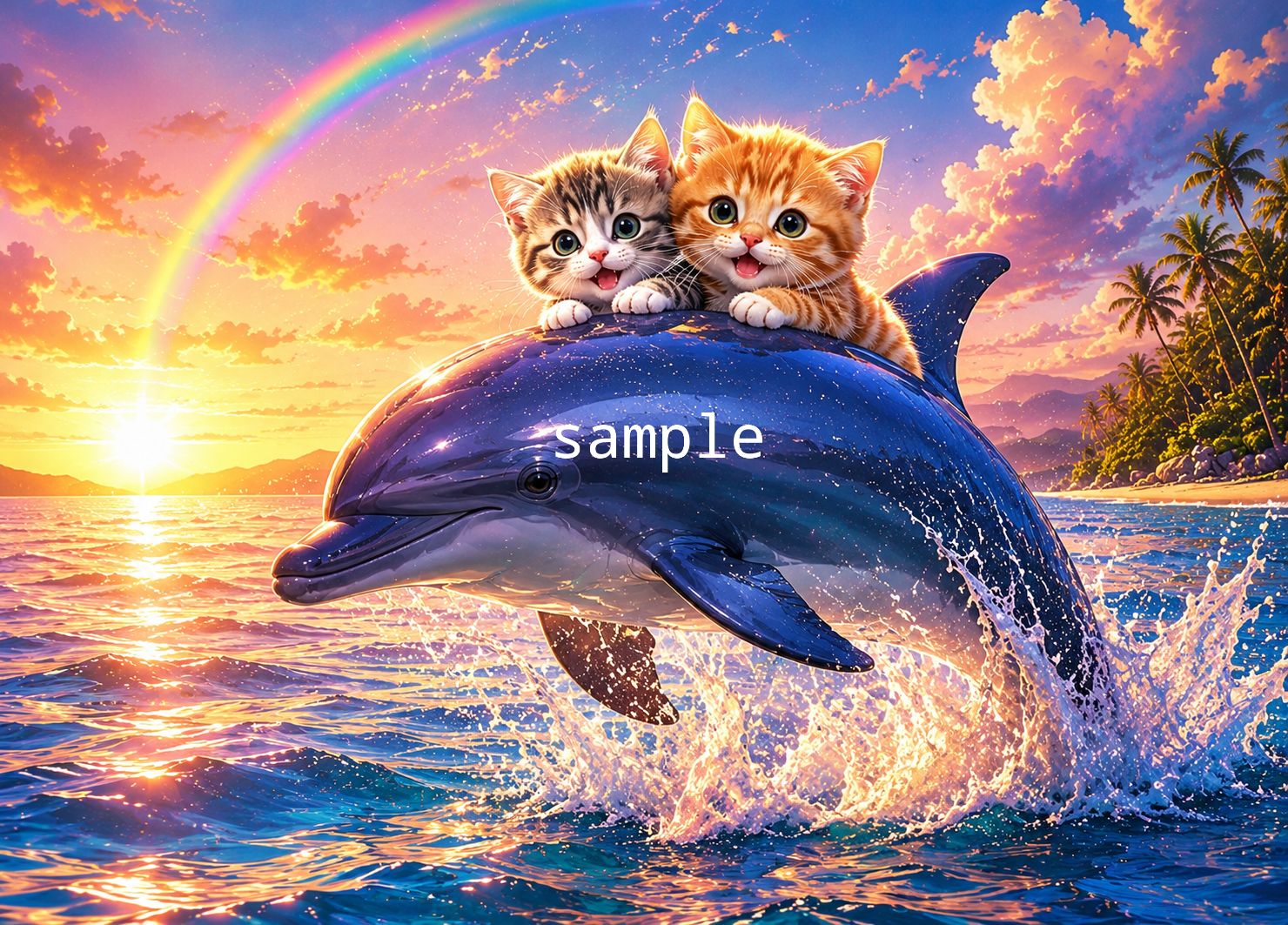 夕焼けの虹とイルカに乗る子猫カップル｜癒しのヒーリングアート