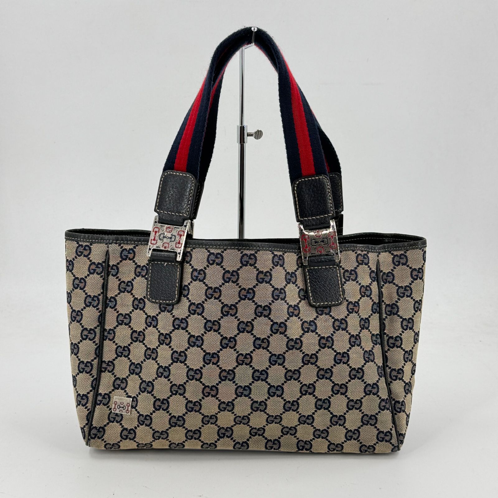 GUCCI GGキャンバス ウェビング シェリーライン トートバッグ ネイビー 