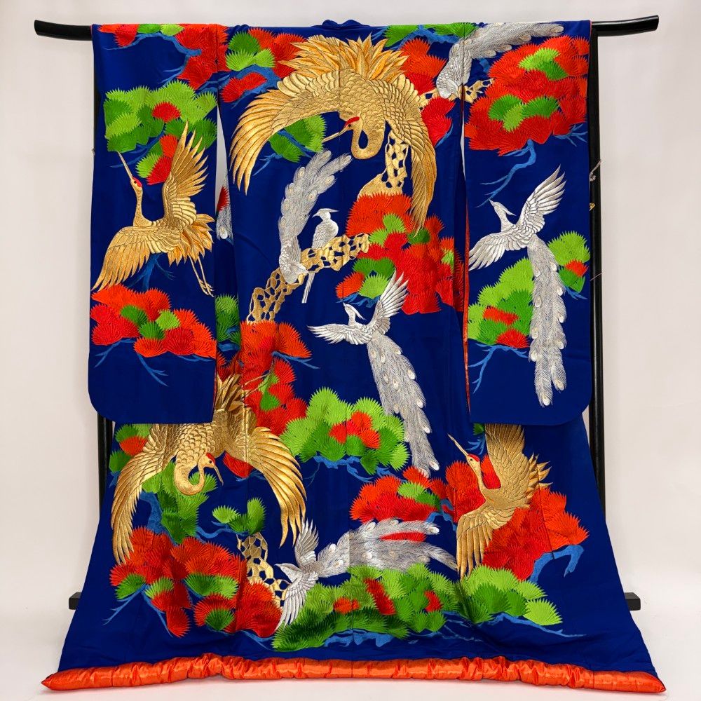 色打掛 正絹 鶴 刺繍 青 打掛 花嫁衣裳 ポリエステル リサイクル 中古 ブライダル ウエディング 着物 6076