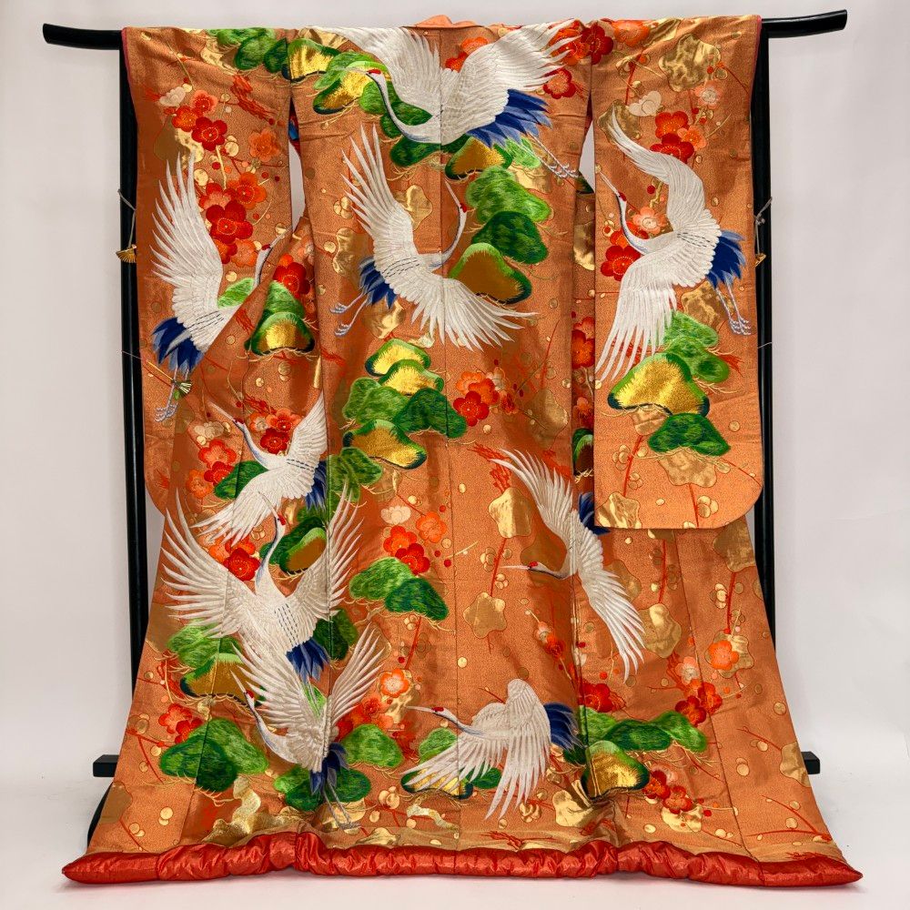 色打掛 正絹 鶴 刺繍 オレンジ 打掛 花嫁衣裳 ポリエステル リサイクル 中古 ブライダル ウエディング 着物 6093