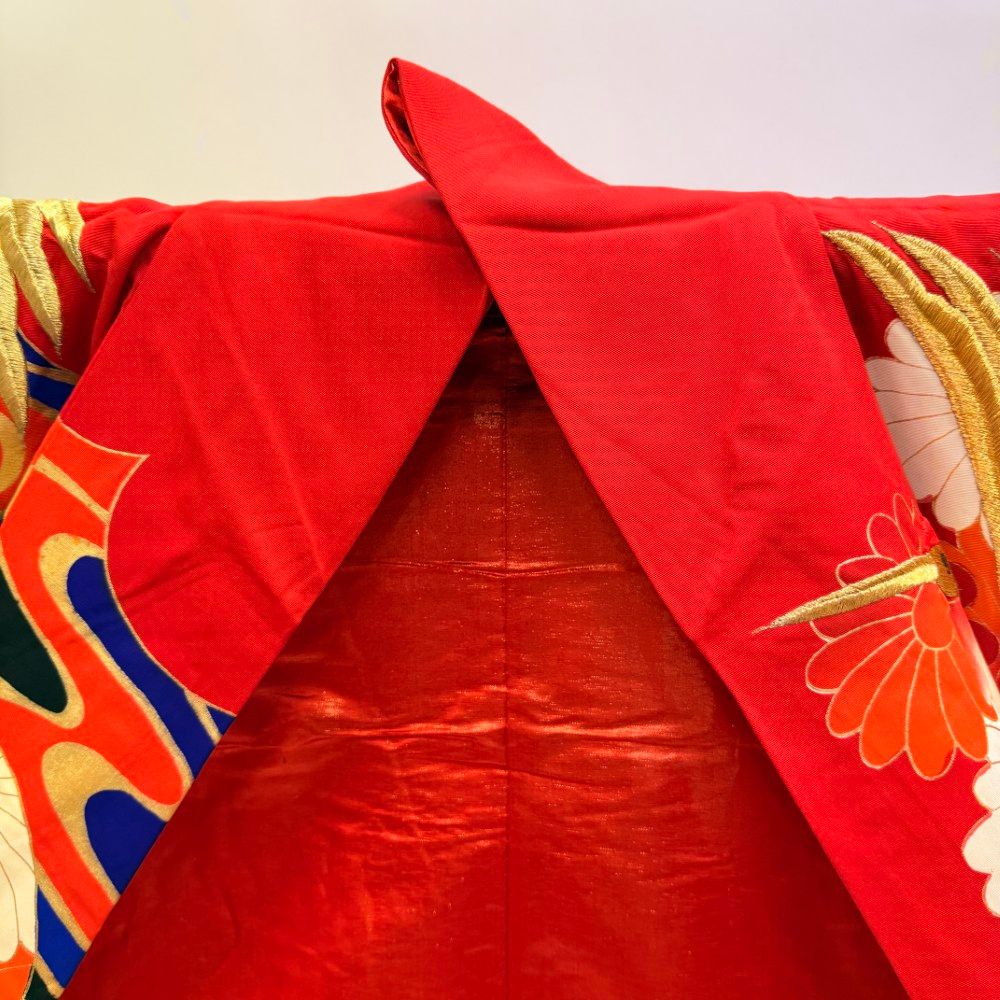 色打掛 正絹 鶴 刺繍 赤 打掛 花嫁衣裳 ポリエステル リサイクル 中古