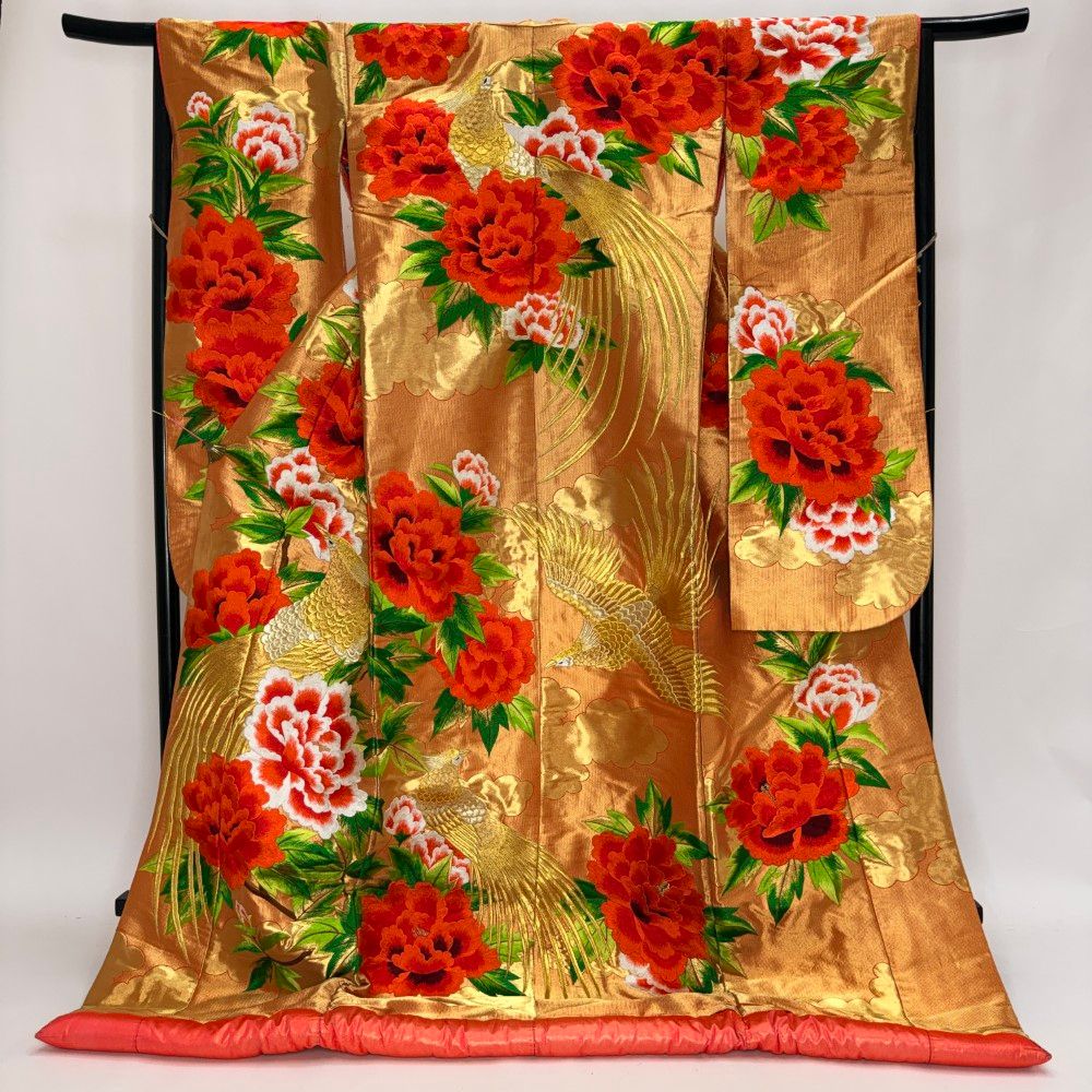 色打掛 正絹 鶴 刺繍 金 赤 打掛 花嫁衣裳 ポリエステル リサイクル 中古 ブライダル ウエディング 着物 6107