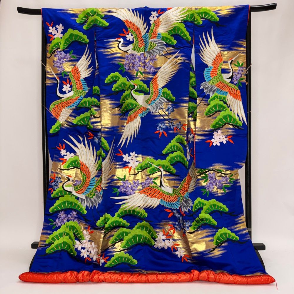 色打掛 正絹 鶴 刺繍 青 打掛 花嫁衣裳 ポリエステル リサイクル 中古 ブライダル ウエディング 着物 6109