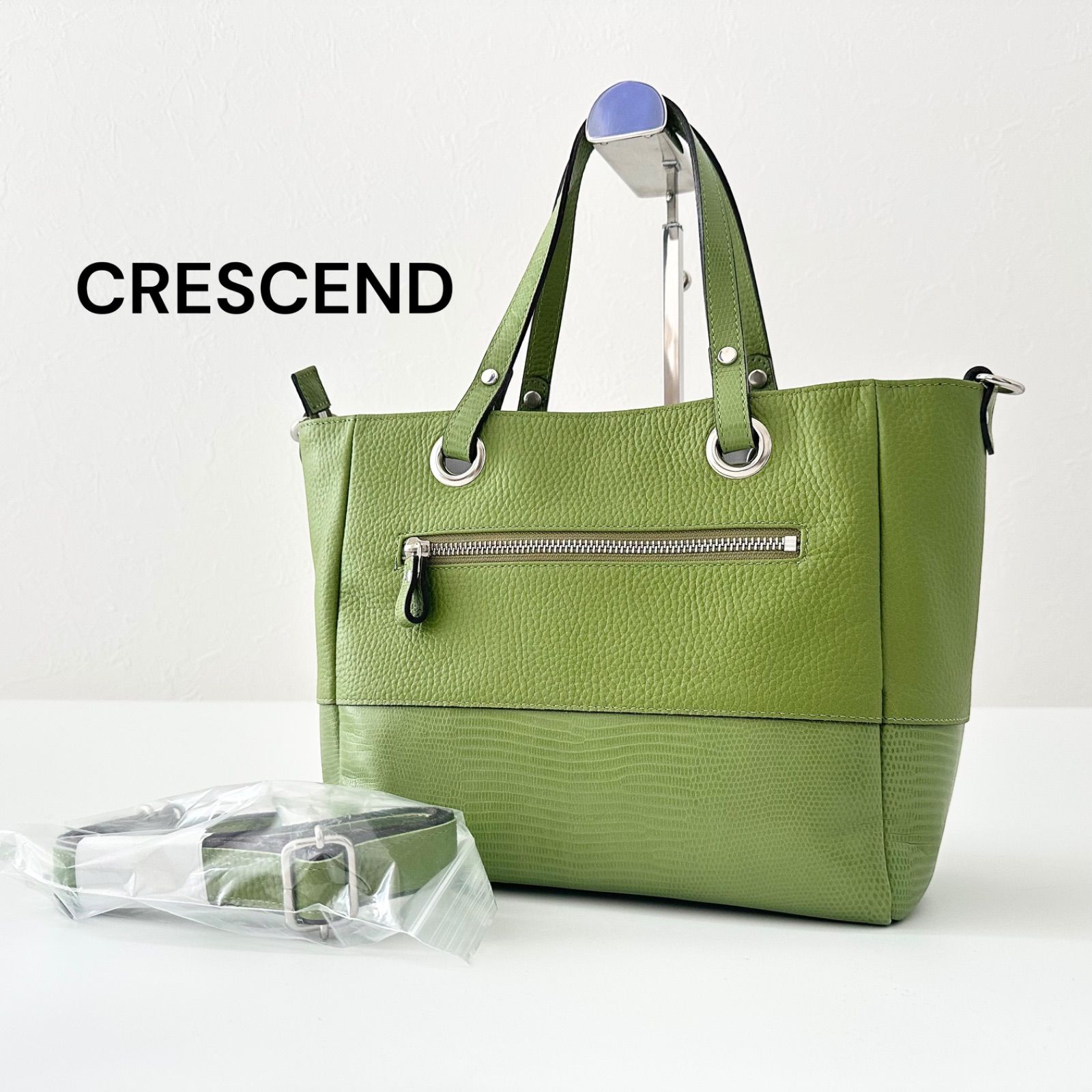 クレッシェンド CRESCEND レザー 2way ショルダーバッグ ハンドバッグ 本革 シボ革 型押し ライトグリーン 日本製 美品 レディース 6JL021