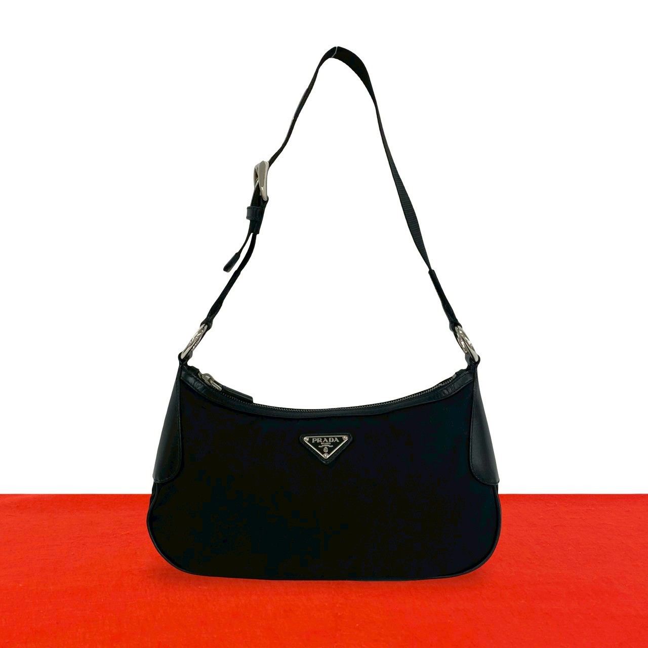 極 美品 PRADA プラダ 三角ロゴ 金具 ナイロン レザー 本革 