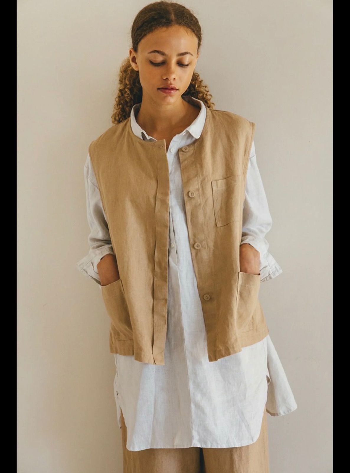 fog linen work カリナベスト リネン100% ナチュラル ベージュ ノー