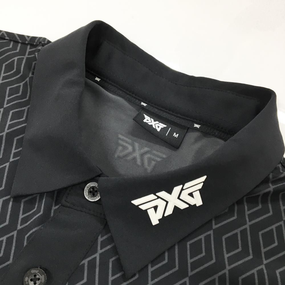 ピーエックスジー 半袖ポロシャツ 黒×グレー ダイヤ柄風 総柄 メンズ M