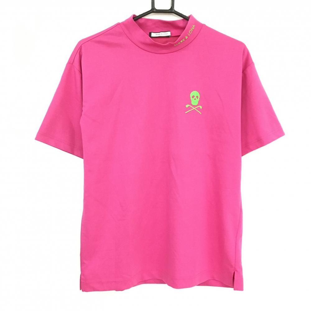 【美品】マークアンドロナ 半袖ハイネックシャツ ピンク ロゴラインとグリーン スカル メンズ 46(M) ゴルフウェア MARK＆LONA 美品】マークアンドロナ 半袖ハイネックシャツ ピンク ロゴラインと