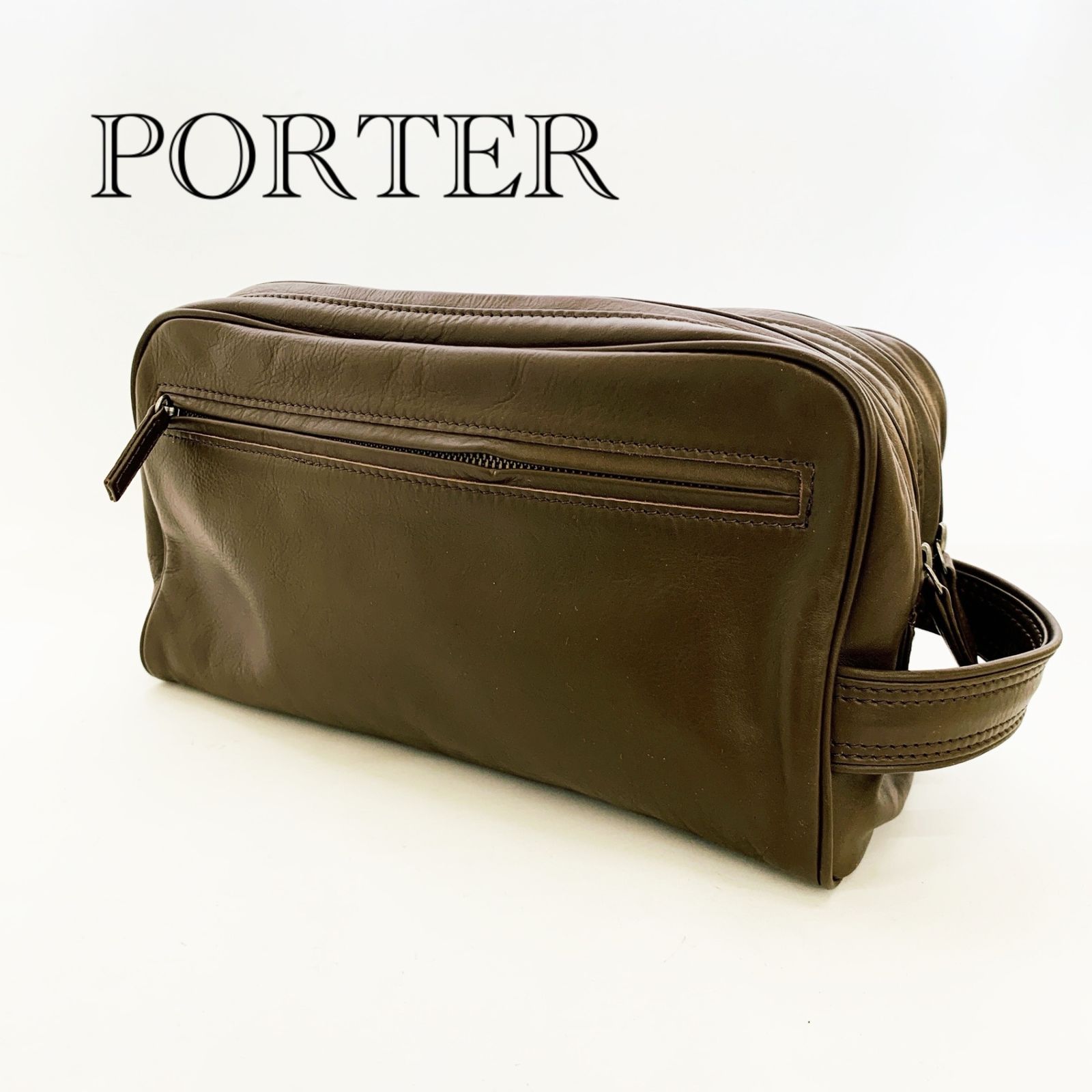 PORTER ポーター レザー ダブルジップ セカンドバッグ クラッチバッグ 革 ブラウン 鞄 メンズ _218