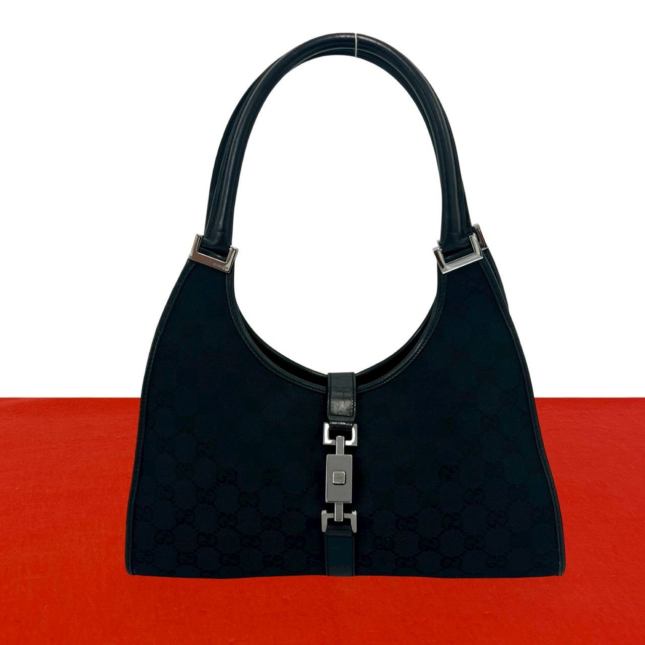 極 美品 GUCCI グッチ ジャッキー ロゴ 金具 GG 柄 キャンバス レザー