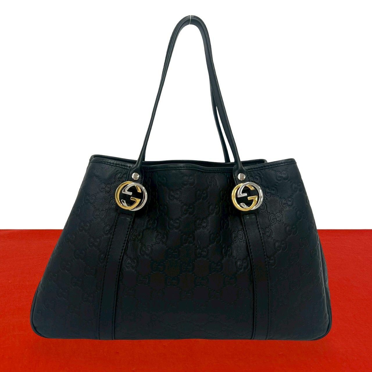 GUCCI GG ハンドバッグ トートバッグ92734ブラック値下げ対応致します 極 美品 GUCCI グッチ シマ GG ロゴ 金具 刻印 レザー 本革 トート