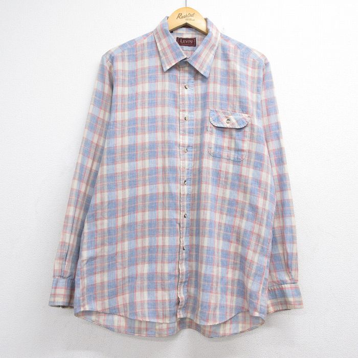 L/古着 リーバイス Levis 長袖 ブランド シャツ メンズ 80年代 80s USA製 ライトブルー チェック 26jun24