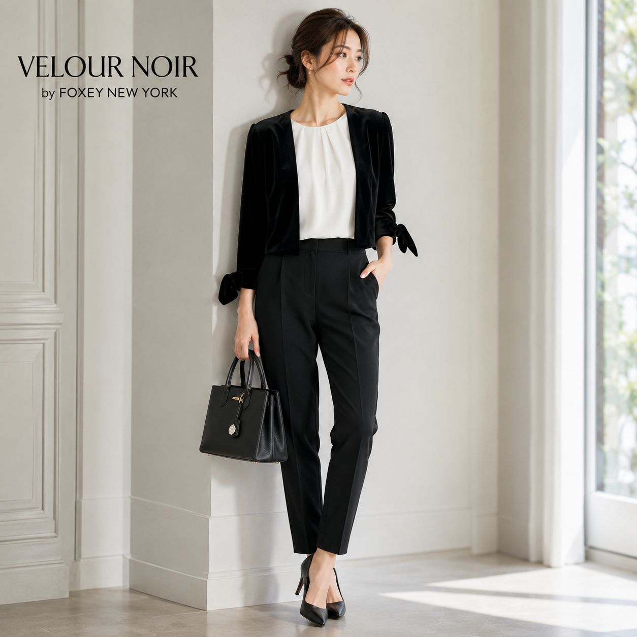 【美品 / フェミニン袖口リボンアクセント「サントノーレ」】VELOUR NOIR by FOXEY NEW YORK / ベロアノワール フォクシー 38 「S〜細身Mサイズ相当」ベルベットブラック ベロアカーディガン リボン 羽織り セレモニー 14,256円