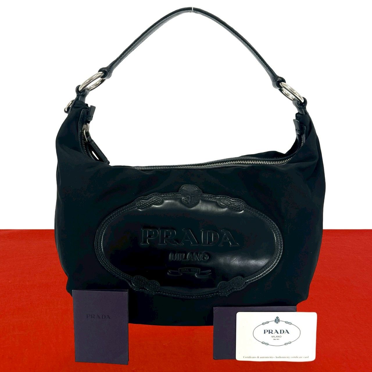 極 美品 希少品 PRADA プラダ ロゴ 刻印 ナイロン レザー 本革 セミ 