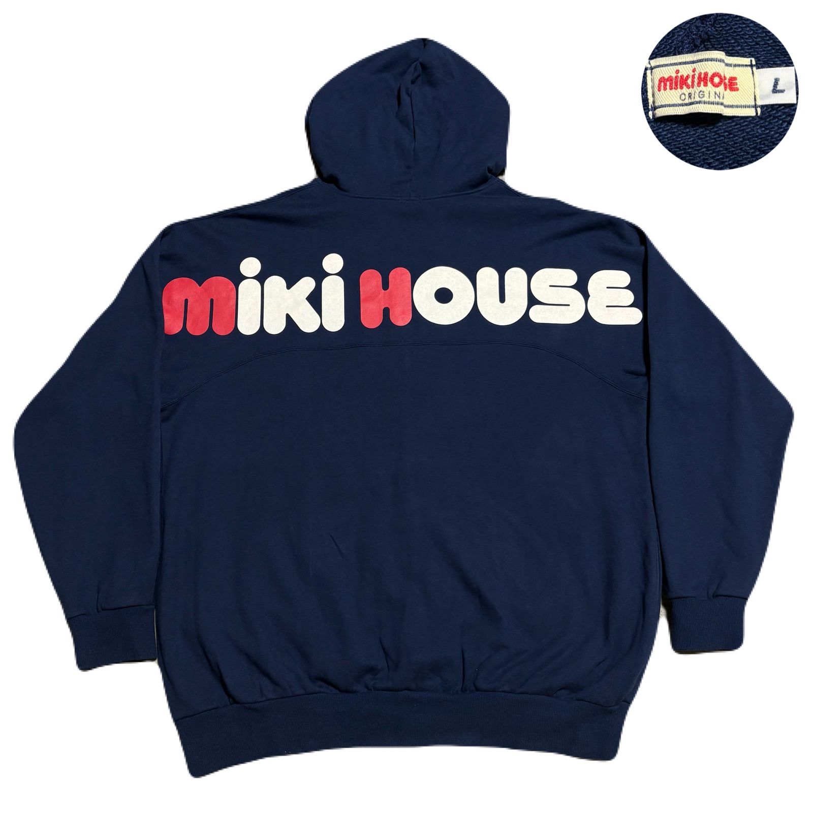 mikihouse ミキハウス Hoodie パーカー 日本製 ForAdults 大人用 EmbroideredLogo 刺繍ロゴ BackPrint バックプリント Cotton コットン Polyester ポリエステル Navy ネイビー 紺 L
