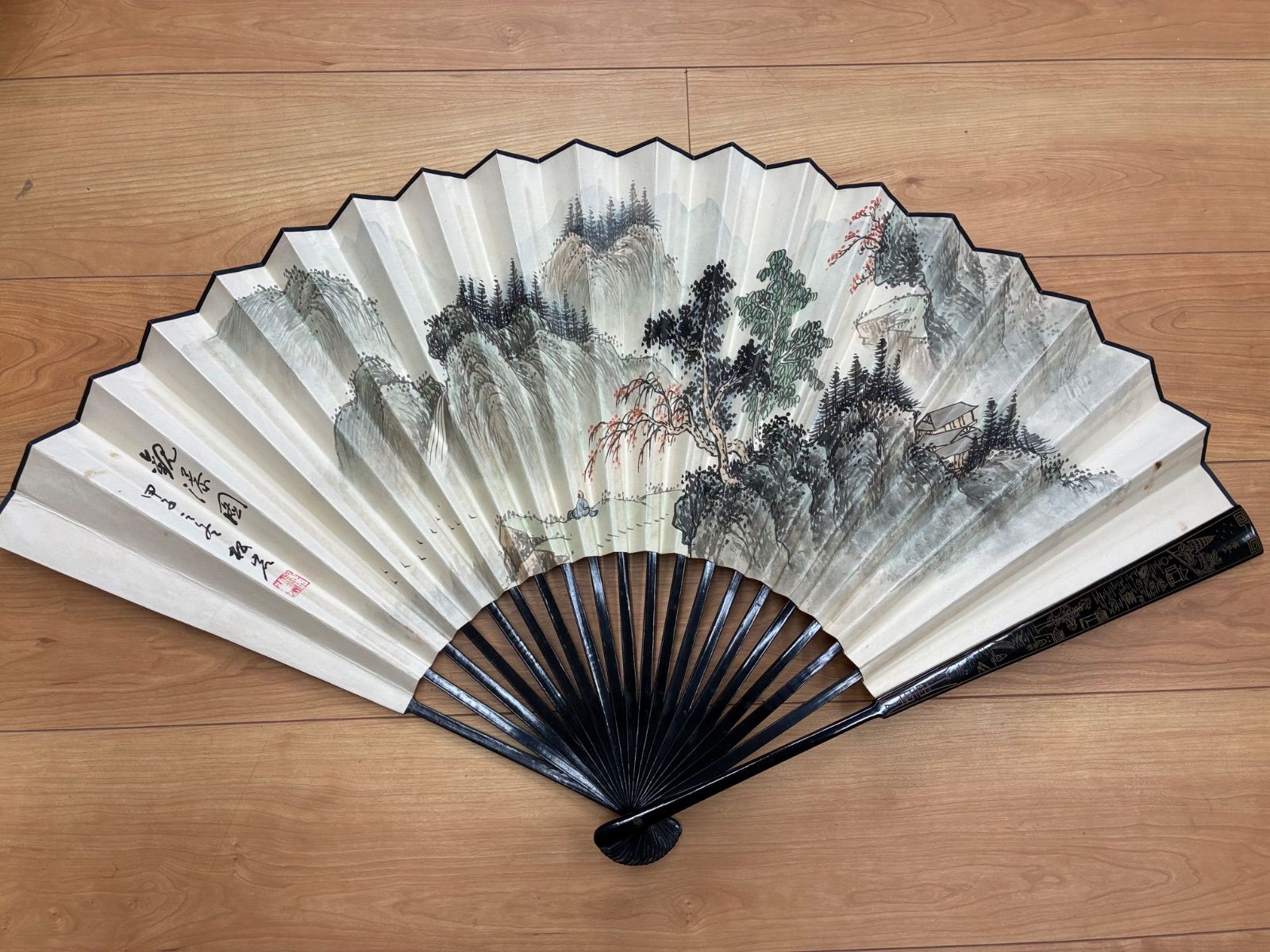特大49cm 中国伝統 書画折扇 黒漆金彩描絵 両面仕様 漢詩/山水図 飾り扇子 260709-13